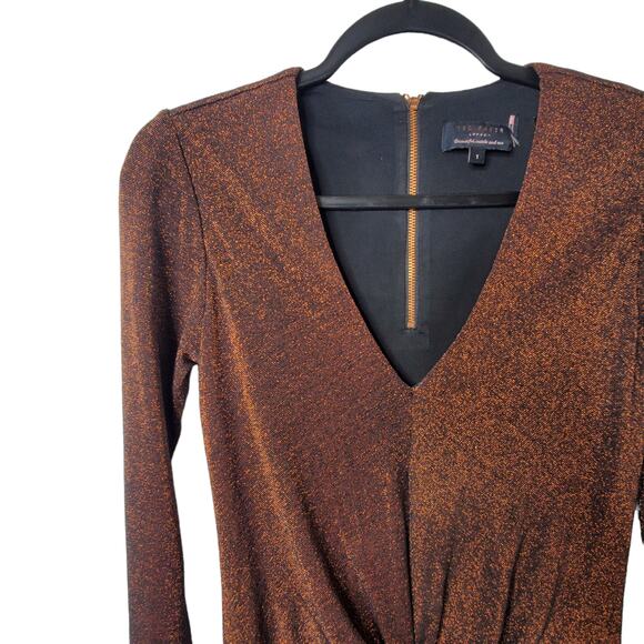 Ted Baker Women's Lizzey Metallic Copper Dress Size 4 Long Sleeve Twist Front - Picture 3 of 7